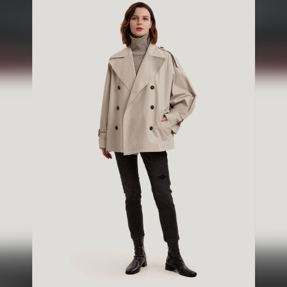 🆕 Gentle Herd Double Breasted Short 100% Cotton Trench Coat in Sand - Picture 2 of 10